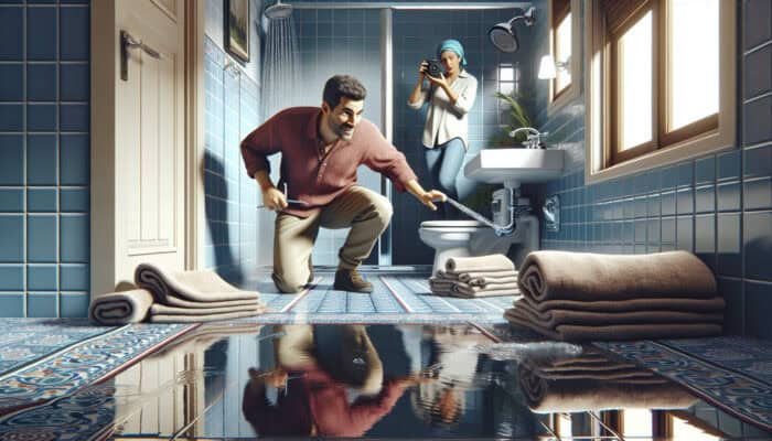 Person turning off shower, using towels to catch leaks, another photographing and calling for help.