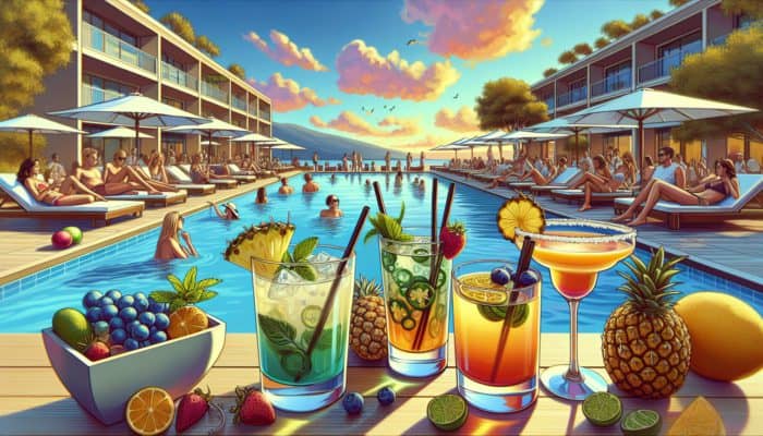 Guests at Mandalay Bay enjoying signature cocktails by the pool: Mandalay Mojito, Spicy Pineapple Margarita, and Sunset Sangria.