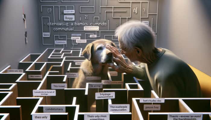An elderly dog appears confused and lost in a familiar home, depending on its owner for guidance due to cognitive decline.