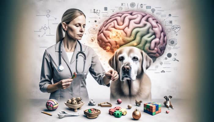 An elderly dog engages with cognitive toys alongside a veterinarian, highlighting the role of mental stimulation in slowing cognitive decline.
