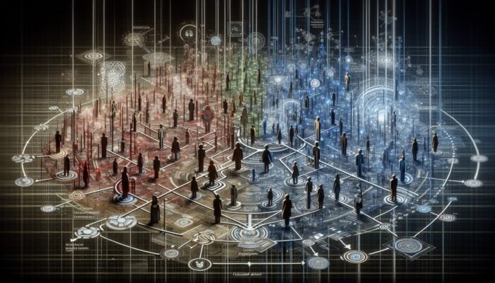 A digital landscape with experts guiding and resolving interconnected redirect chain pathways into an efficient network.