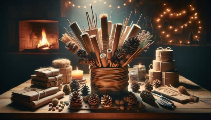 Homemade Fire Starters: A display of wax-dipped pine cones, cardboard rolls filled with sawdust, and natural fiber bundles on a rustic table, accompanied by camping gear and a cozy fireplace.
