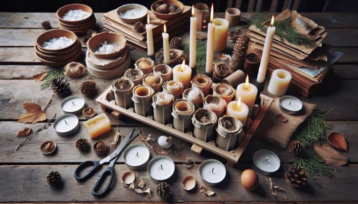 Homemade fire starters on a rustic table: wax-dipped egg cartons, cardboard rolls filled with dryer lint, old candles, and natural elements.