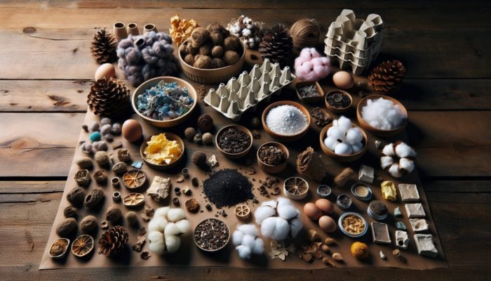 A variety of homemade fire starters displayed on a rustic wooden table, including dryer lint, wax, cardboard, egg cartons, cotton balls, pinecones, used coffee grounds, and paper scraps.