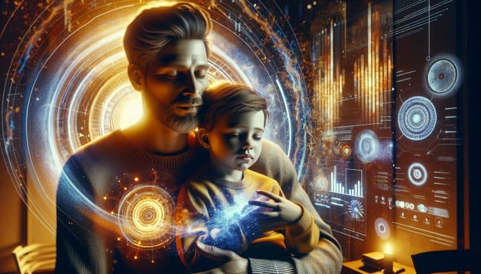 A father and child sharing a loving moment in a nurturing environment, highlighting mental wellness and emotional connection.