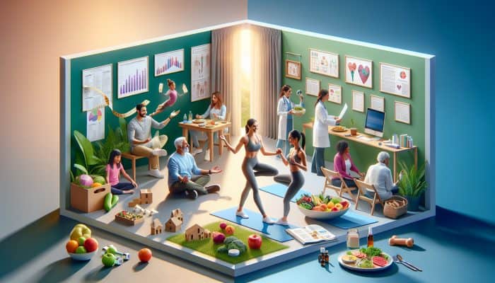 Co-parents engaging in physical activity, healthy eating, regular check-ups, socializing, and practicing mindfulness together.