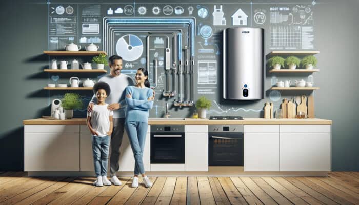 A modern kitchen in Kitsilano featuring a tankless water heater, illustrating a happy family enjoying instant hot water and reduced utility bills.