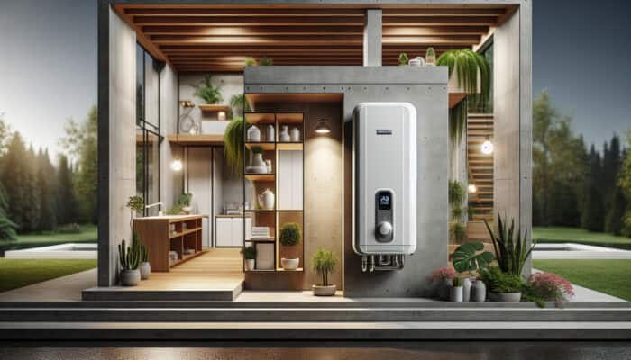 A modern tankless water heater in a sustainable Kitsilano home, representing durability and a lifespan of 20 years.