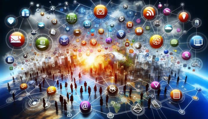 An illustration depicting Internet Marketing in Teignmouth for Small Business, showcasing a vibrant digital landscape with interconnected nodes for search engines, social media, email, and websites engaging a global audience.