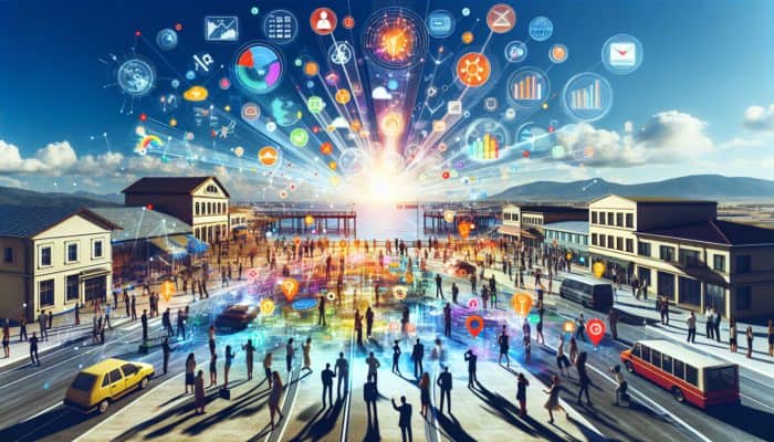 Small business owners in Teignmouth collaborating with internet marketing specialists, surrounded by digital screens illustrating marketing concepts.