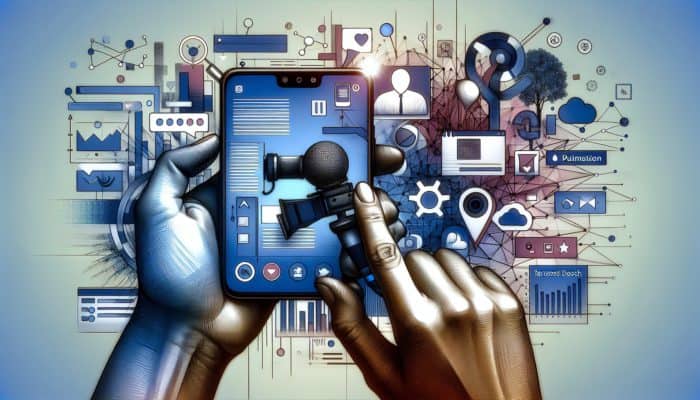 A small business owner creating content for Instagram marketing, with icons representing AI and voice search displayed on a smartphone.