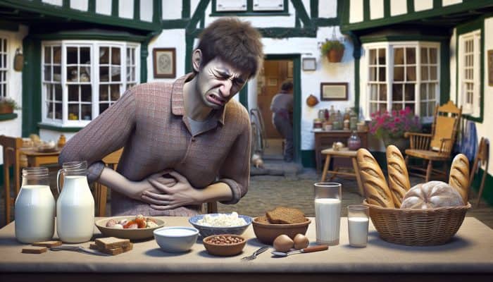 Food Intolerance Blood Test in Aldershot: Individual experiencing bloating and discomfort at a dining table featuring dairy, gluten, and nuts in a UK kitchen, looking uneasy and perplexed.