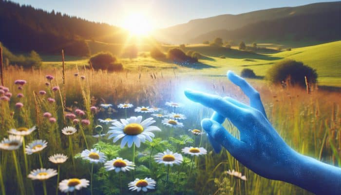 Chamomile flowers in a meadow, releasing calming blue essence onto irritated skin and reducing redness.