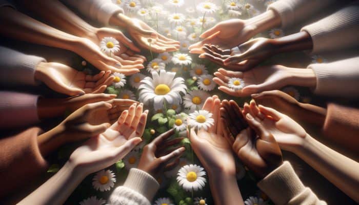 Chamomile flowers illuminated by soft light, diverse hands gently touching petals, symbolizing skincare safety and versatility.