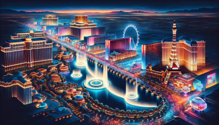 A stunning view of Las Vegas at night featuring the Bellagio Fountains, High Roller, and the vibrant neon-lit Strip.