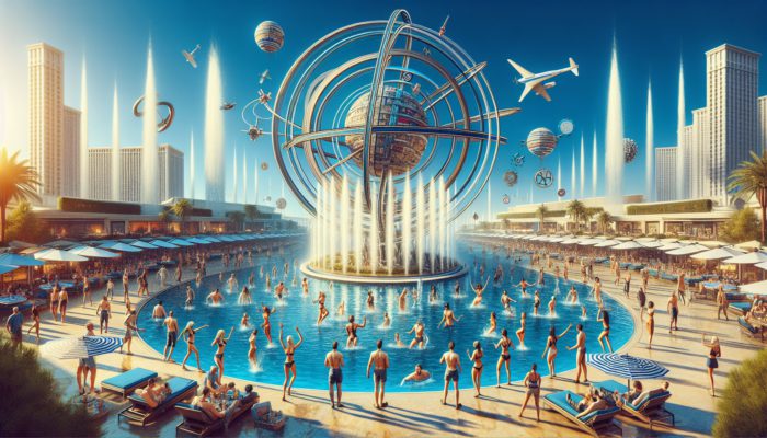 A lively group enjoying a daytime Vegas outing with attractions like the Bellagio fountains and High Roller, participating in activities such as a pool party and zip line.