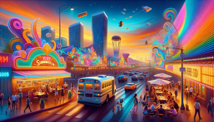 Locals enjoying a food truck from Summerlin, admiring Neon Boneyard art, and riding the Deuce bus at sunset in Las Vegas.