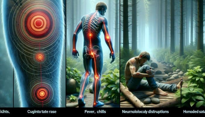 Progression of Lyme disease stages from early to late, shown in a forest setting.