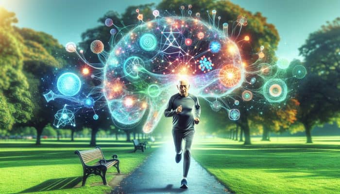 An older adult jogging in a UK park, with a mind map showing improved cognitive skills.