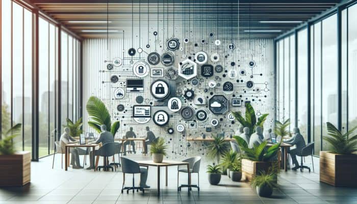 A modern web development office in Ferndown with experts discussing strategies on a digital screen, surrounded by small enterprise logos and greenery.