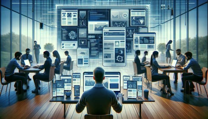 A web developer in Ferndown optimizing a website on a laptop, with mobile devices displaying responsive design in a tech-savvy office.