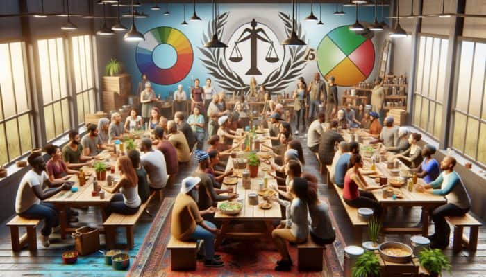 A diverse prepper community sharing ideas and experiences at a communal table, symbolizing unity and equity.