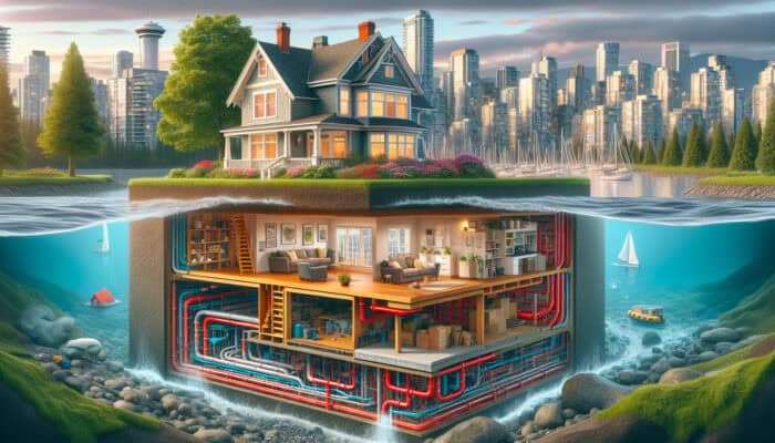 Crawl Space Drainage Services in Yaletown Vancouver: An illustrative cross-section demonstrating an advanced drainage system effectively removing excess water from a home's crawl space.