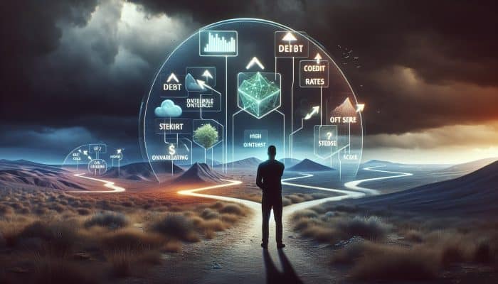 A person at a crossroads analyzing a financial chart on debt consolidation under a stormy sky.