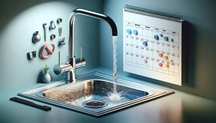 Professional Drain Cleaning Services in Burnaby: A modern kitchen sink displaying clear water flow, with a calendar symbolizing the importance of regular drain cleaning for health and cost savings.