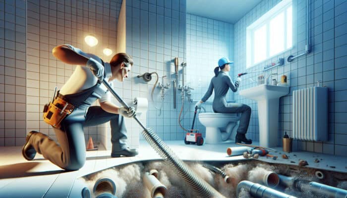 A plumber using a flexible auger while another employs hydro jetting in a modern bathroom to eliminate pipe blockages.