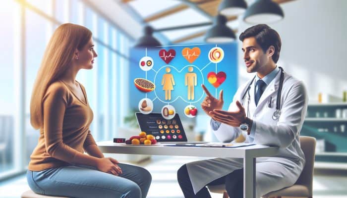 A healthcare provider in Kempston discussing cholesterol results and dietary recommendations with a patient in a clinical setting.