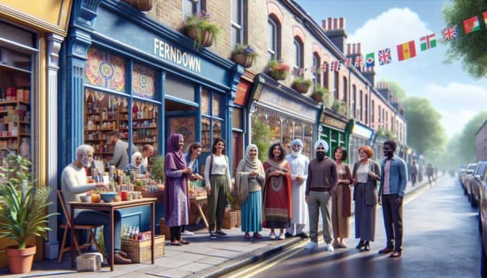 Copywriting in Ferndown for Small Business: A quaint Ferndown street with small businesses and vibrant, localized ads; customers warmly engaging with shop owners.