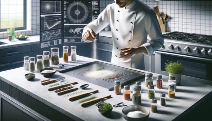 A chef carefully seasoning a gourmet dish with herbs and spices in a modern kitchen.