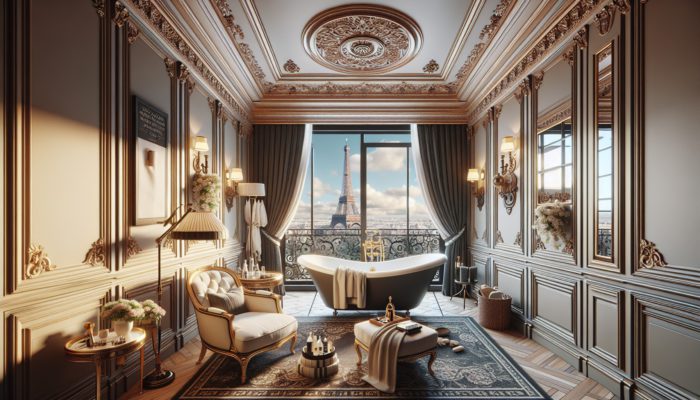 Luxurious Parisian-themed hotel room with Eiffel Tower view, featuring wrought-iron balcony and plush furnishings.
