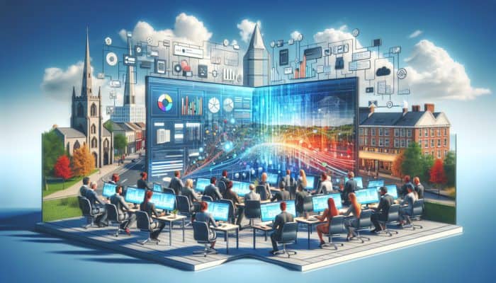 Professionals collaborating on web development in Barnstaple, utilising modern technology and featuring local landmarks.