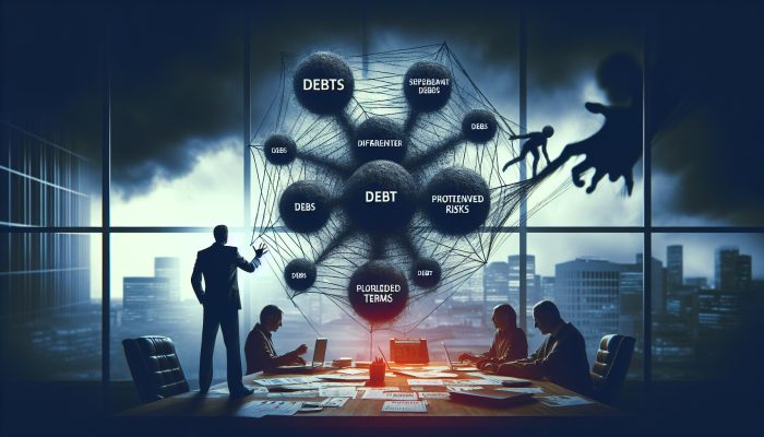 A person in a shadowy office, struggling with tangled debts, facing consolidation risks.