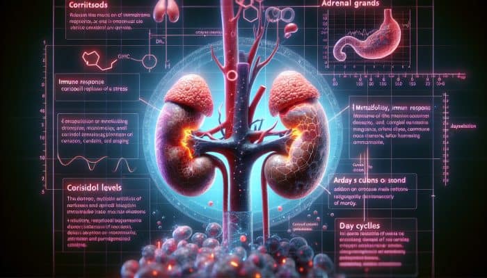 Cortisol Blood Test in Rochdale: Illustrative diagram of adrenal glands and their cortisol release effects on metabolism, immunity, and stress, along with a daily cortisol levels graph.