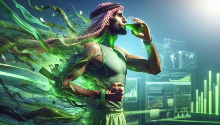 Athlete drinking green tea extract before marathon, showing enhanced endurance and reduced fatigue with a green energy aura.