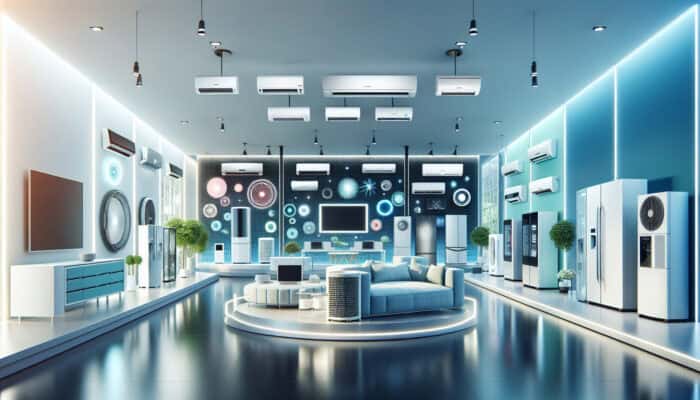 A diverse selection of air conditioning units displayed in a contemporary showroom.