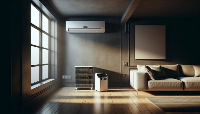 A modern room featuring both a window and a portable air conditioner, showcasing their versatility and affordability.