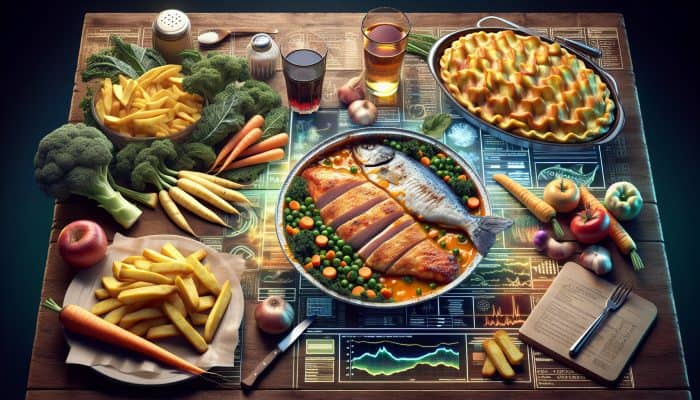 Crafting a Men’s Health Routine: A vibrant British meal featuring kale, carrots, parsnips, chicken, and fish, thoughtfully adapted for health.