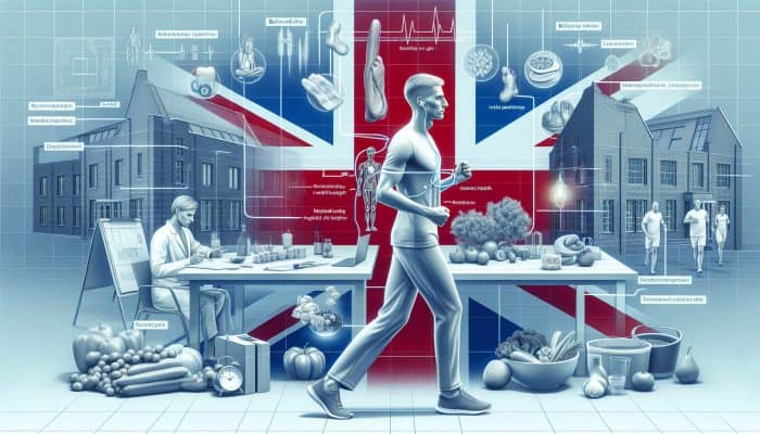 Visual representation of a UK man's health routine, including gym, diet, mental health, and check-ups in a contemporary urban environment.