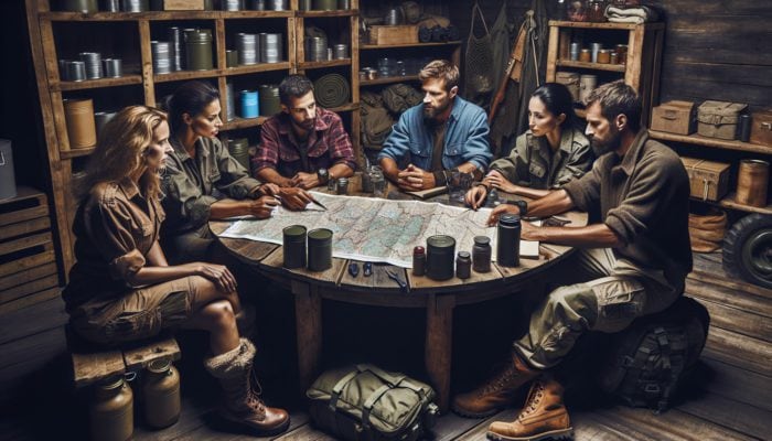 A diverse group of survival experts at a rustic table with maps, bunker, and wilderness in background.