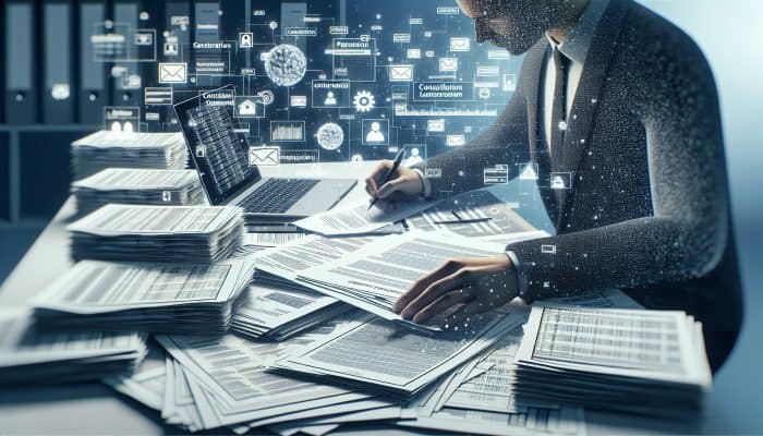 Debt Consolidation for Business Debt: UK Solutions | DCL Person at desk filling out consolidation loan application, surrounded by financial documents and laptop showing credit reports.