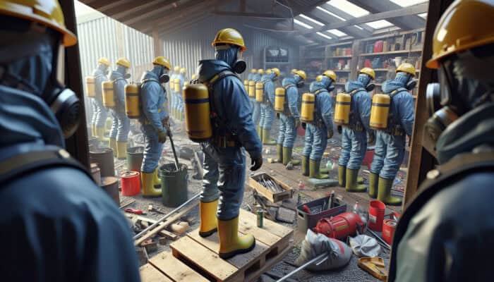 UK shed clearance workers in PPE performing risk assessment among tools and hazards.