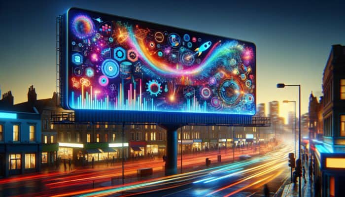 A vibrant digital billboard in Gillingham at dusk, displaying expert advertising strategies with graphs and dynamic visuals.