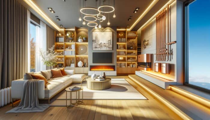 Heating Services in New Westminster: A cozy living room in New Westminster with integrated modern furnace, boiler, heat pump, and radiant floor heating.