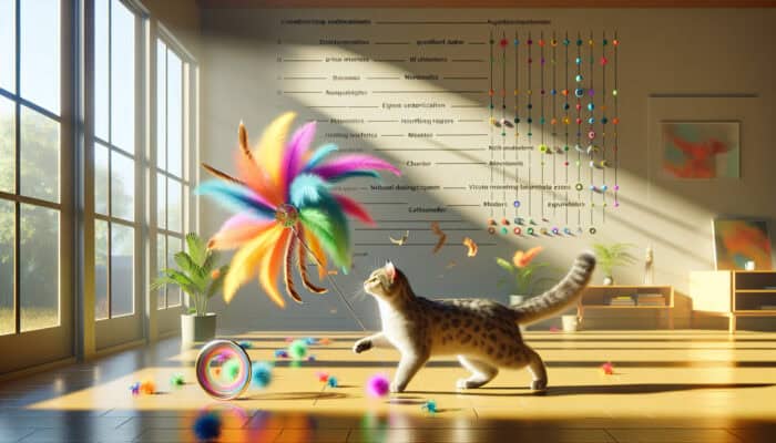 A cat intensely focused on a vibrant feather teaser toy, mimicking the movements of prey, in a sunlit space.