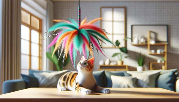 A vibrant feather teaser toy designed specifically for a cat's size and play style, crafted from safe, durable materials.