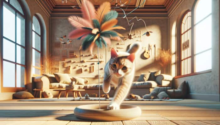 A feather teaser toy in a sunlit room, engaging a cat's hunting instincts and promoting physical health.